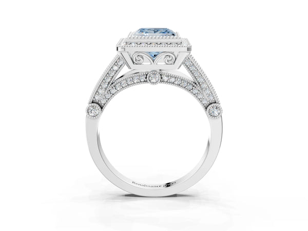 White Gold Princess Cut Vintage Bezel Halo Engagement Ring Setting for Fancy Blue Center