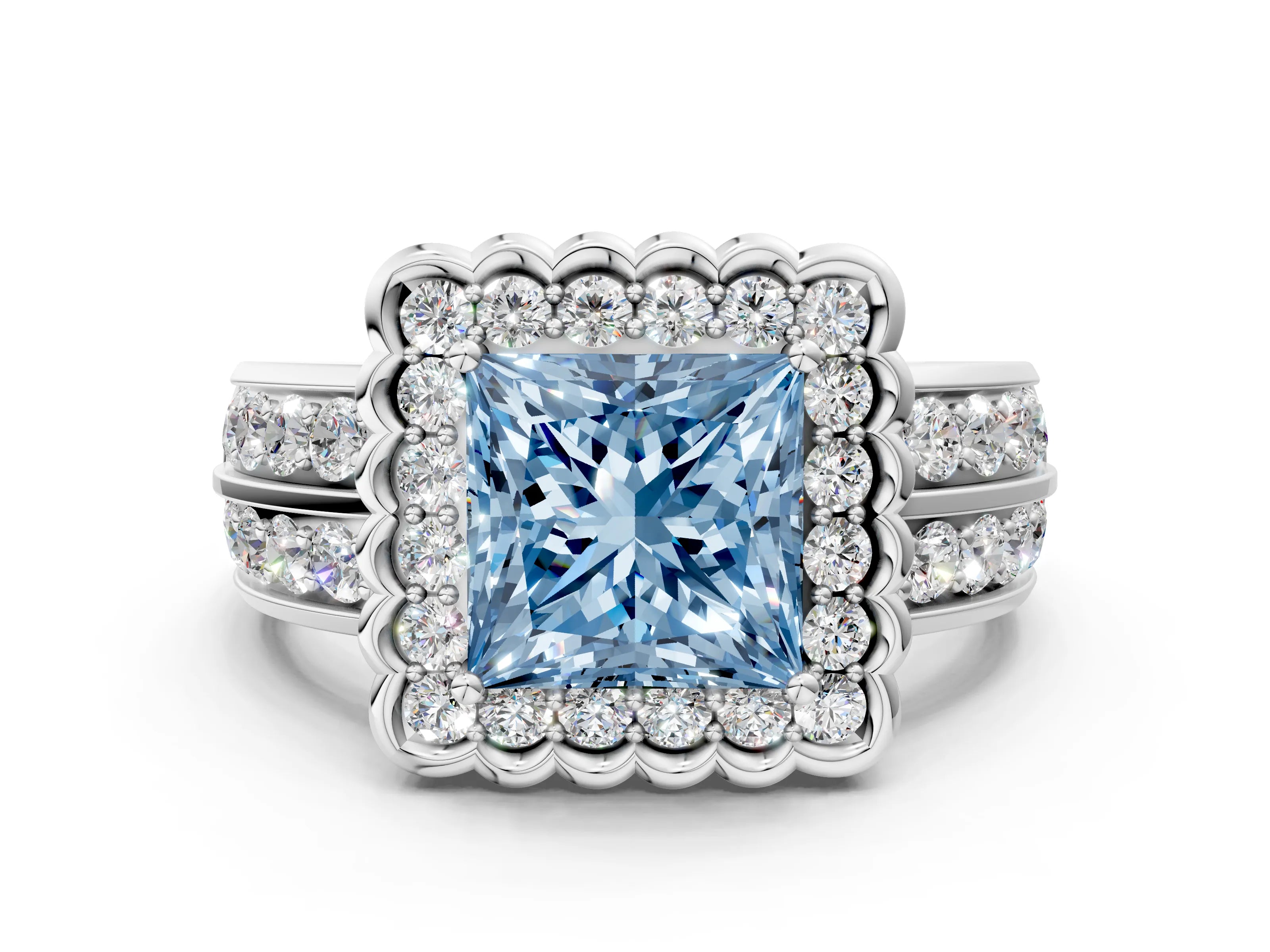 White gold Fancy Blue Princess Cut Halo Diamond Split Shank Ring with Scalloped Prong Setting_12