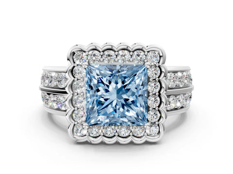 White gold Fancy Blue Princess Cut Halo Diamond Split Shank Ring with Scalloped Prong Setting_12