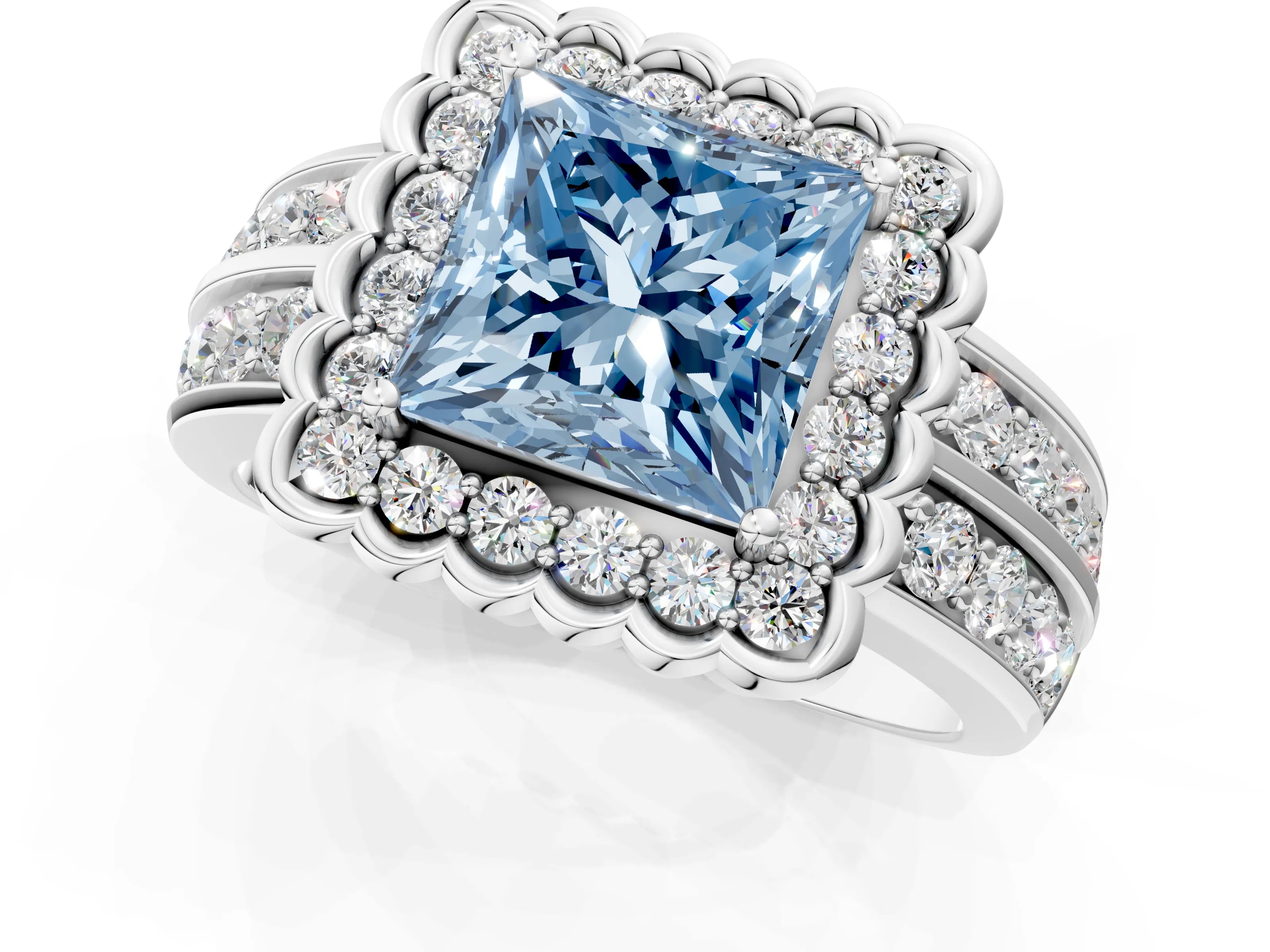 White gold Fancy Blue Princess Cut Halo Diamond Split Shank Ring with Scalloped Prong Setting_13