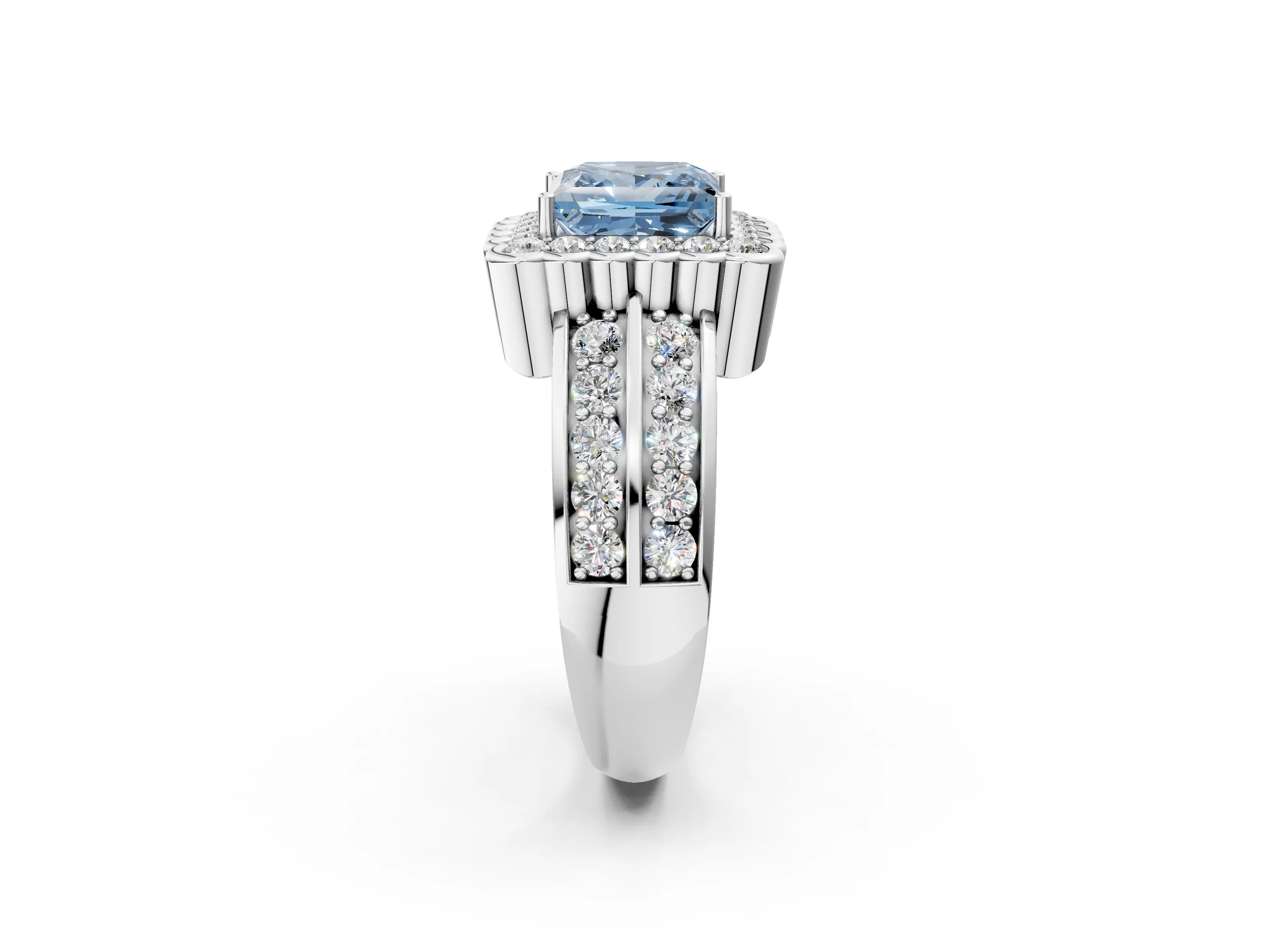 White gold Fancy Blue Princess Cut Halo Diamond Split Shank Ring with Scalloped Prong Setting_14