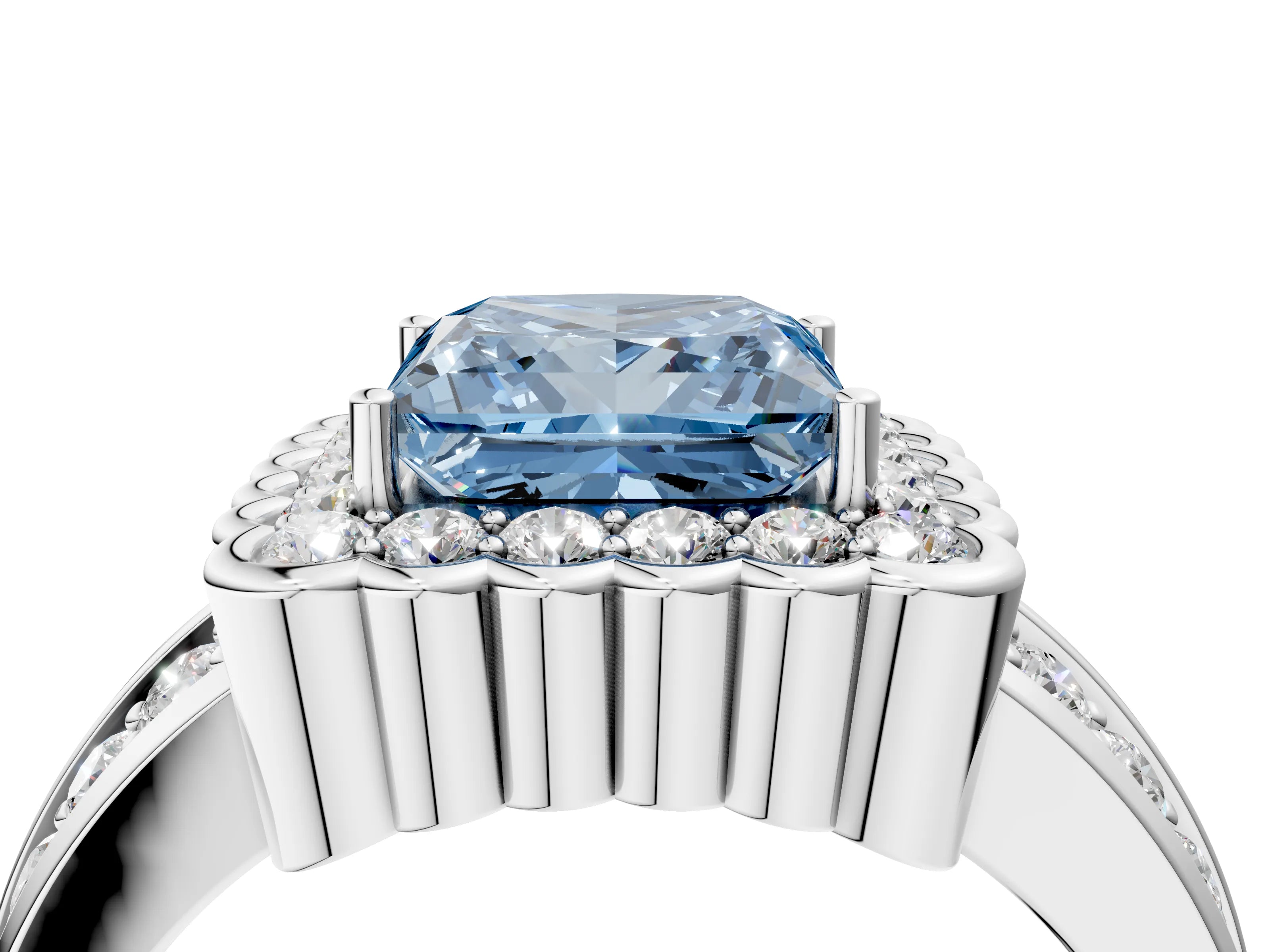 White gold Fancy Blue Princess Cut Halo Diamond Split Shank Ring with Scalloped Prong Setting_16