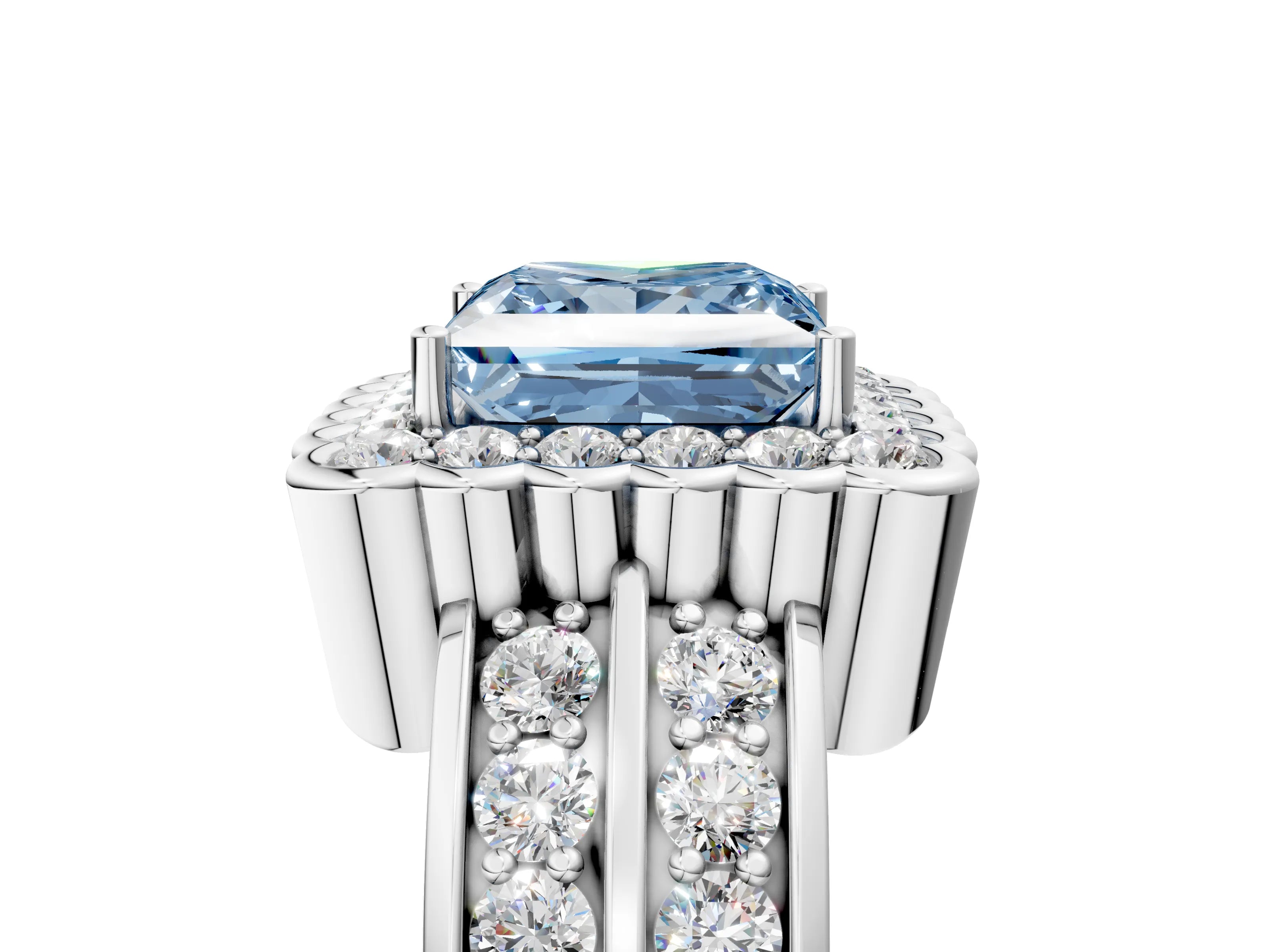 White gold Fancy Blue Princess Cut Halo Diamond Split Shank Ring with Scalloped Prong Setting_17