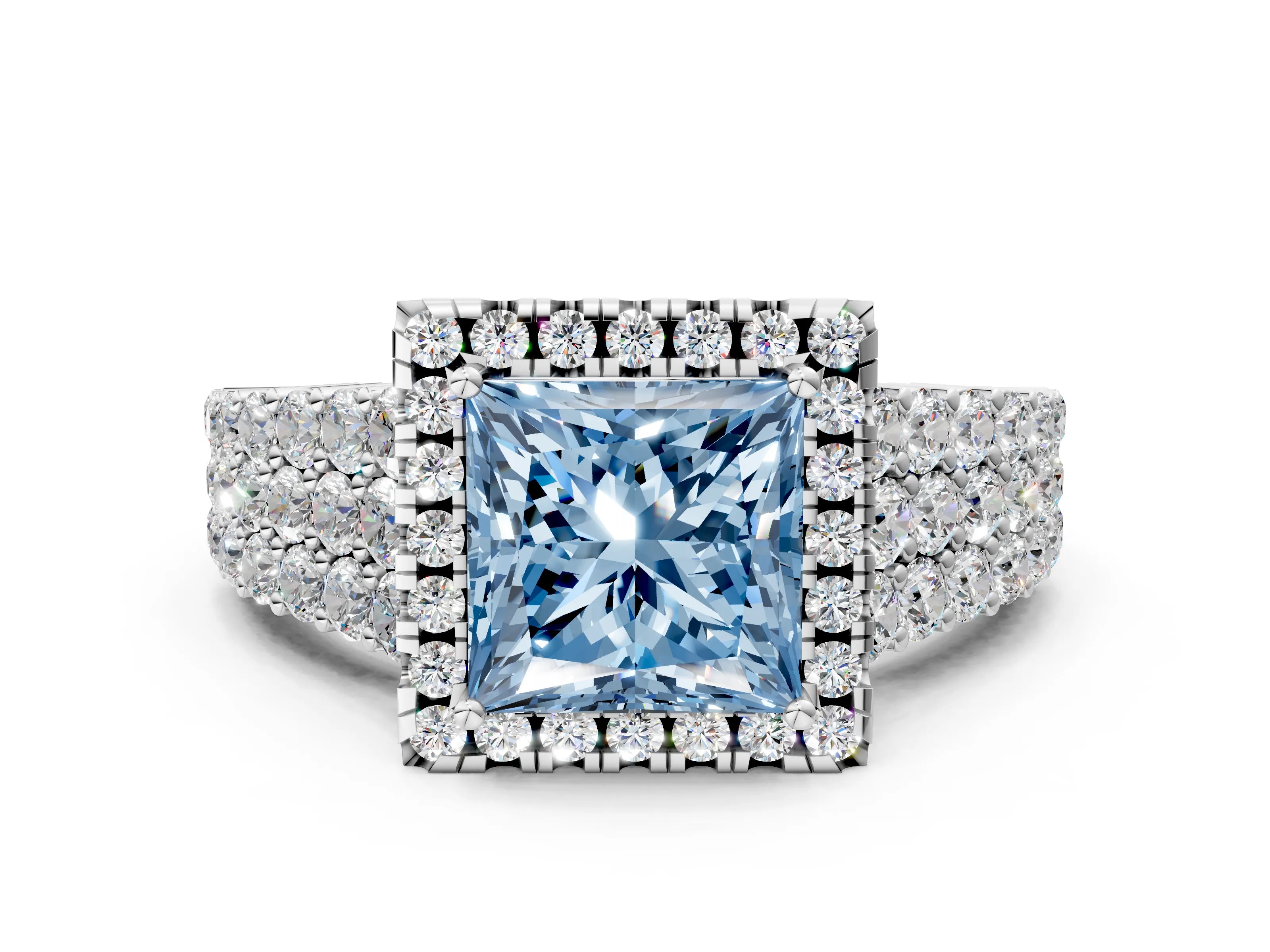 White gold Fancy Blue Princess Cut Halo Pavé Diamond Engagement Ring with Split Shank and Four-Prong Setting_3