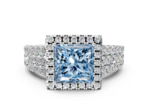 White gold Fancy Blue Princess Cut Halo Pavé Diamond Engagement Ring with Split Shank and Four-Prong Setting_3