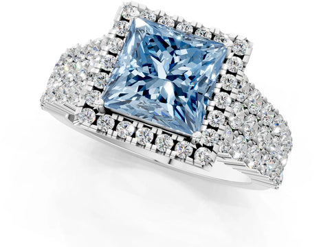 White gold Fancy Blue Princess Cut Halo Pavé Diamond Engagement Ring with Split Shank and Four-Prong Setting_4