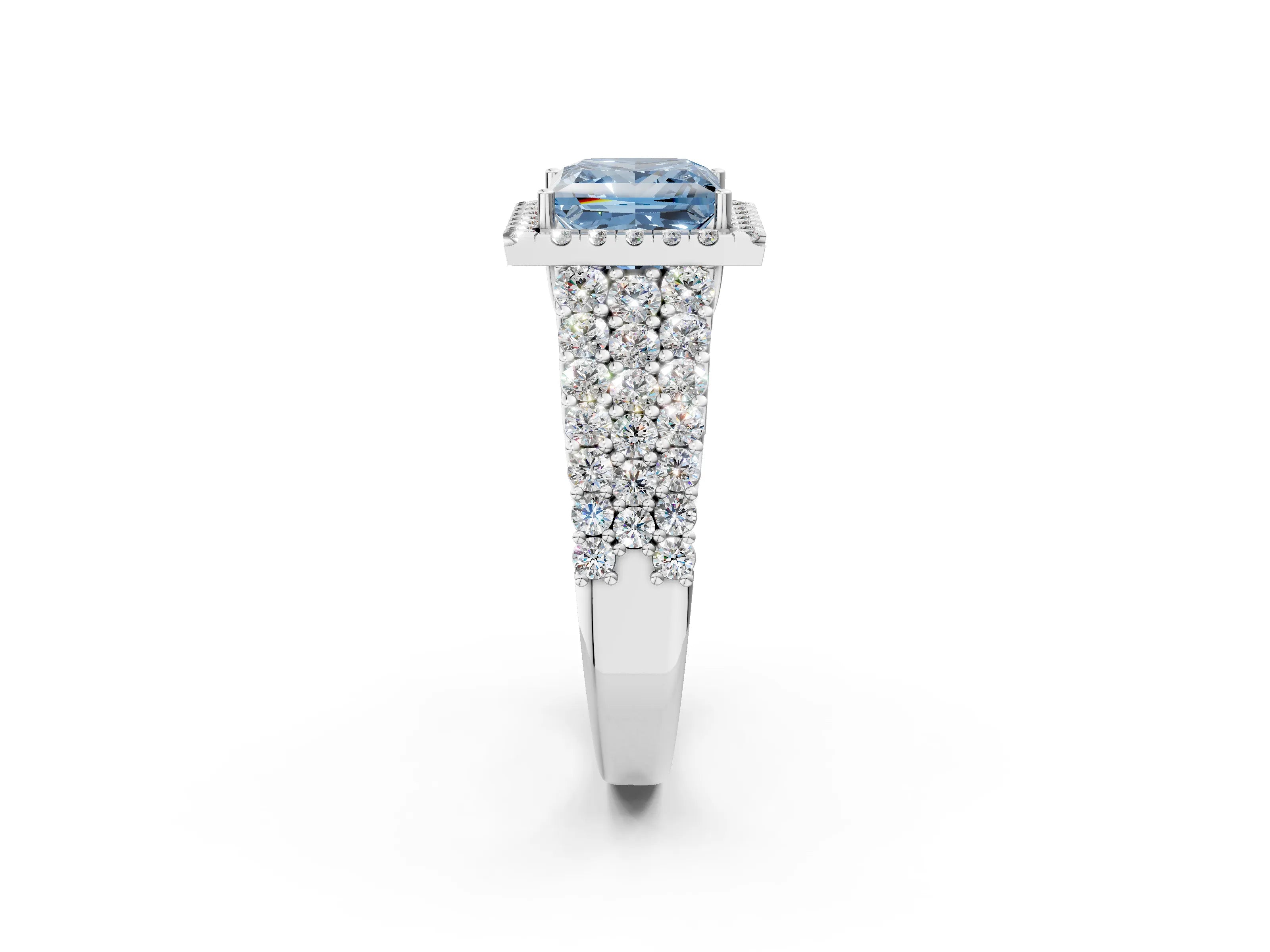 White gold Fancy Blue Princess Cut Halo Pavé Diamond Engagement Ring with Split Shank and Four-Prong Setting_5