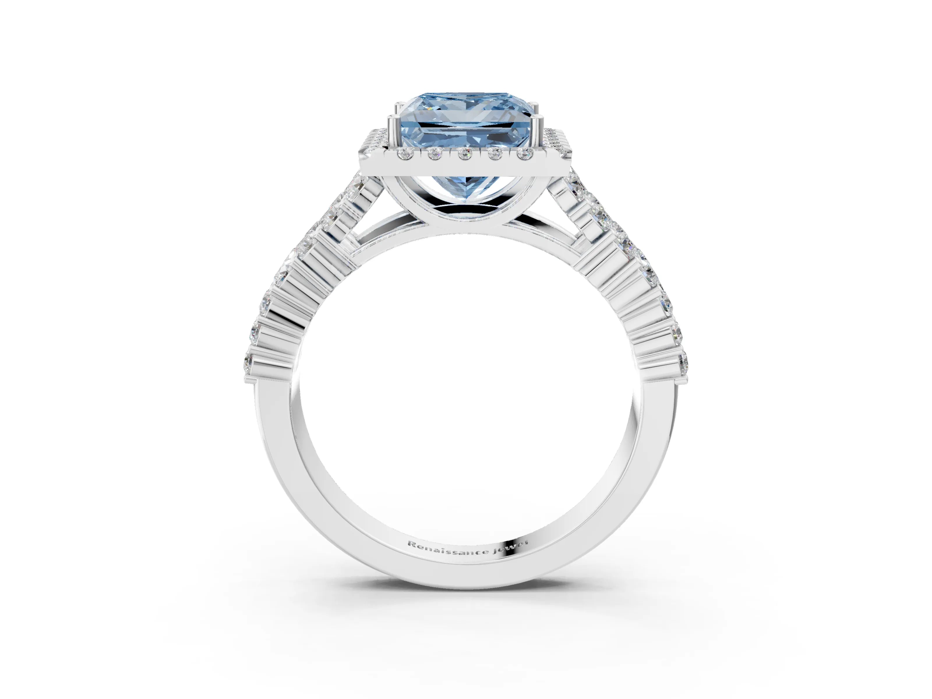 White gold Fancy Blue Princess Cut Halo Pavé Diamond Engagement Ring with Split Shank and Four-Prong Setting_6