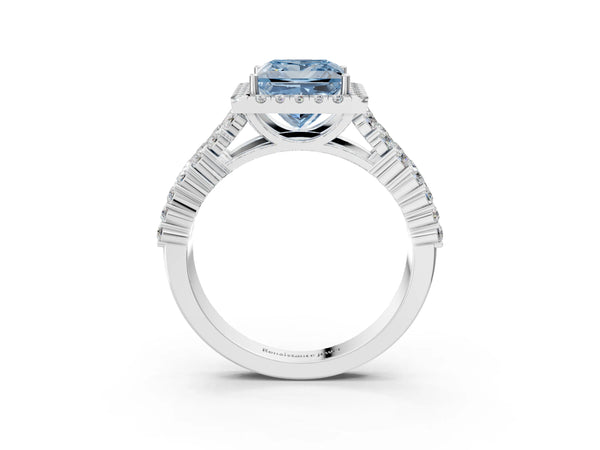 White gold Fancy Blue Princess Cut Halo Pavé Diamond Engagement Ring with Split Shank and Four-Prong Setting