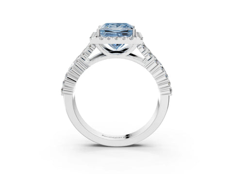 White gold Fancy Blue Princess Cut Halo Pavé Diamond Engagement Ring with Split Shank and Four-Prong Setting_6