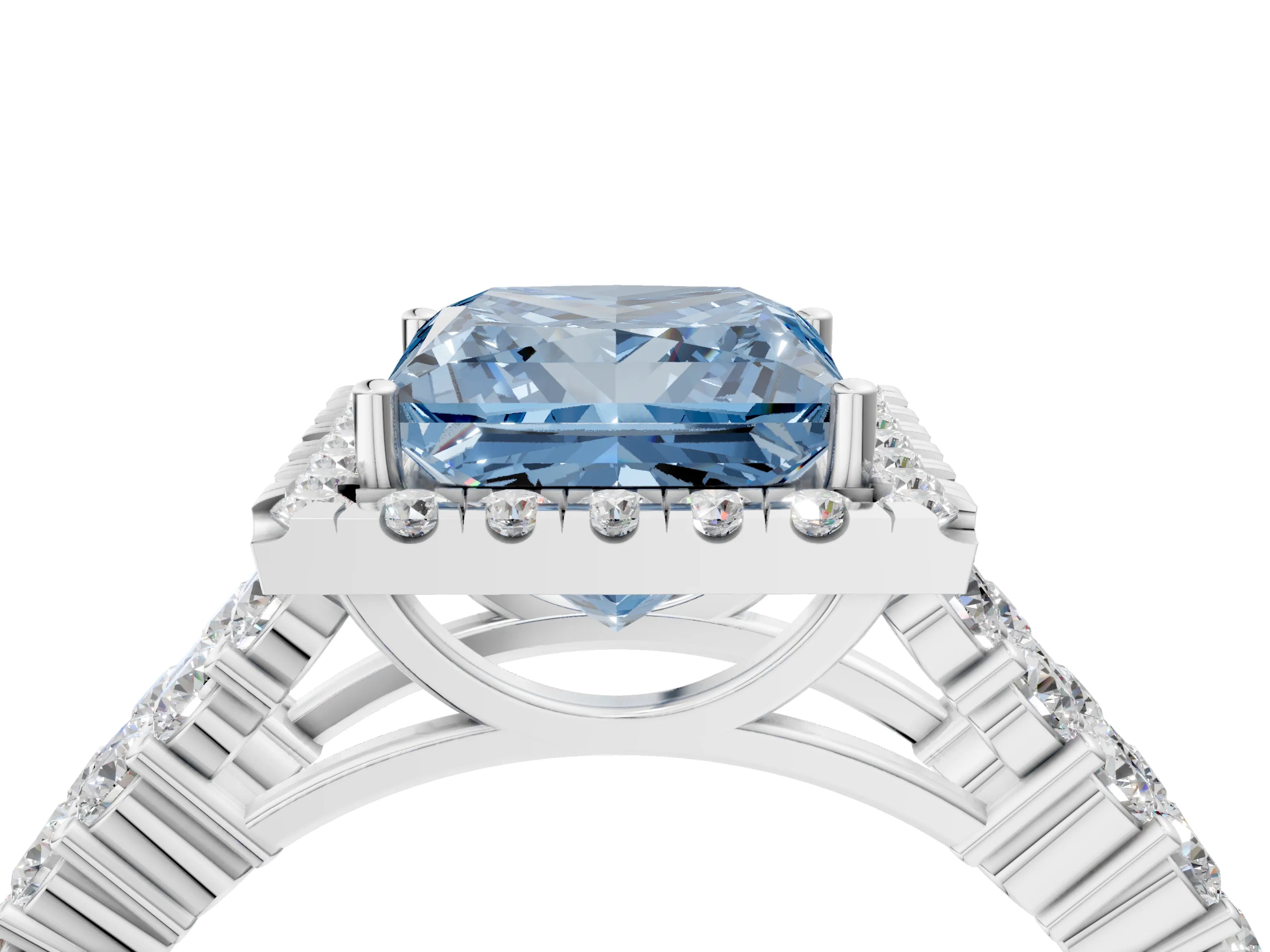 White gold Fancy Blue Princess Cut Halo Pavé Diamond Engagement Ring with Split Shank and Four-Prong Setting_7