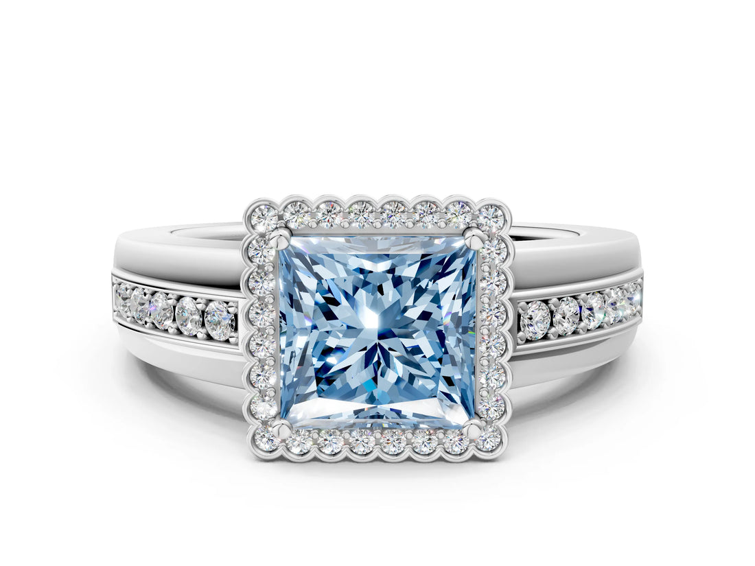 White gold Fancy Blue Princess  Cut Halo Pave Band Four-Prong Ring_49