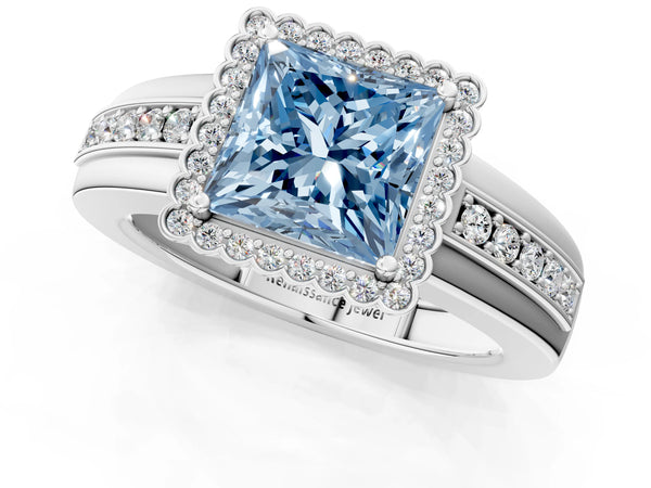 White gold Fancy Blue Princess  Cut Halo Pave Band Four-Prong Ring