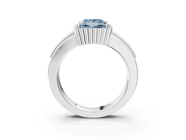 White gold Fancy Blue Princess  Cut Halo Pave Band Four-Prong Ring