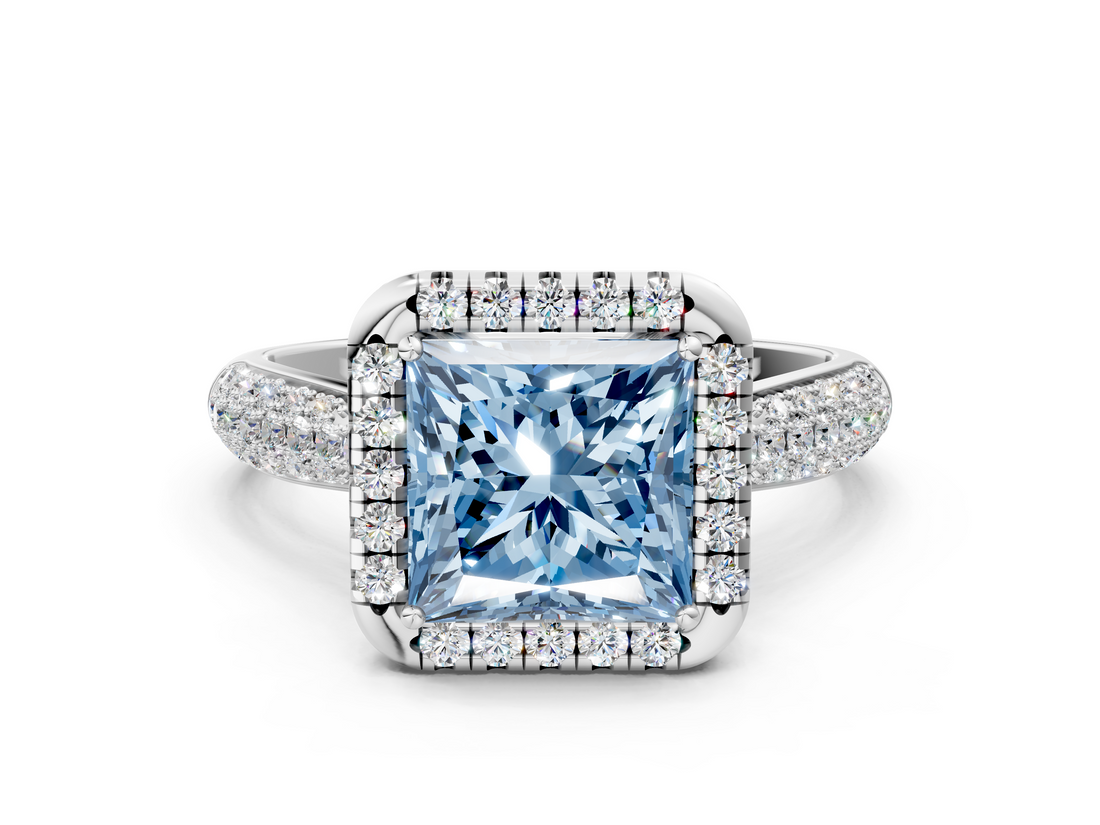 White gold Fancy Blue Princess  Cut Halo Pave Band Four-Prong Setting Ring_20