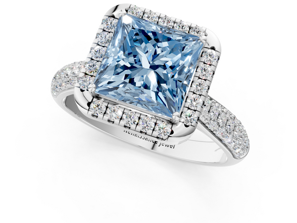 Platinum Fancy Blue Princess  Cut Halo Pave Band Four-Prong Setting Ring