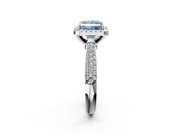 Platinum Fancy Blue Princess  Cut Halo Pave Band Four-Prong Setting Ring