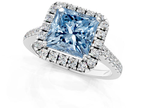 White gold Fancy Blue Princess Cut Halo Pave Diamond Engagement Ring with Four-Prong Setting_1