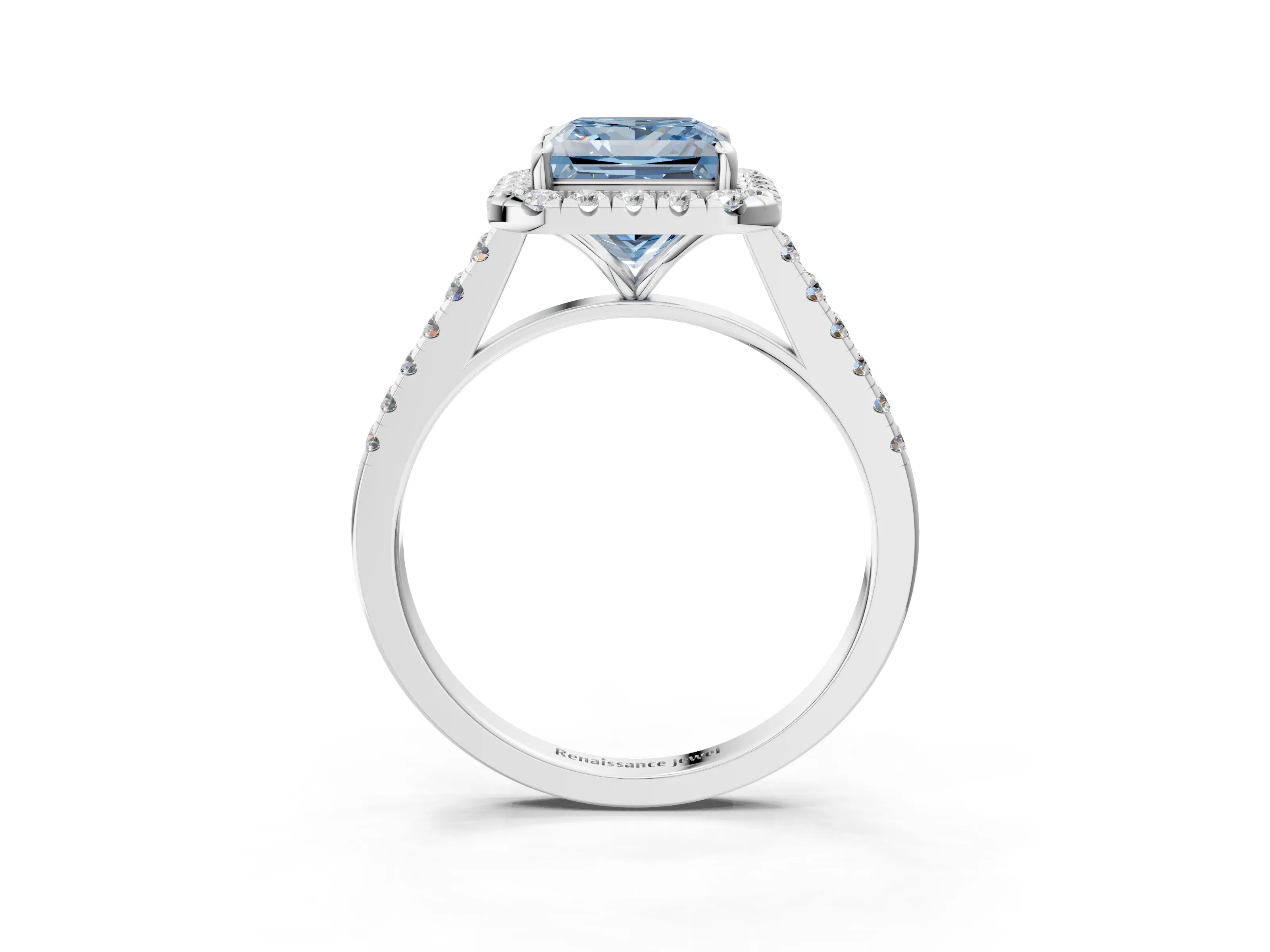White gold Fancy Blue Princess Cut Halo Pave Diamond Engagement Ring with Four-Prong Setting_3