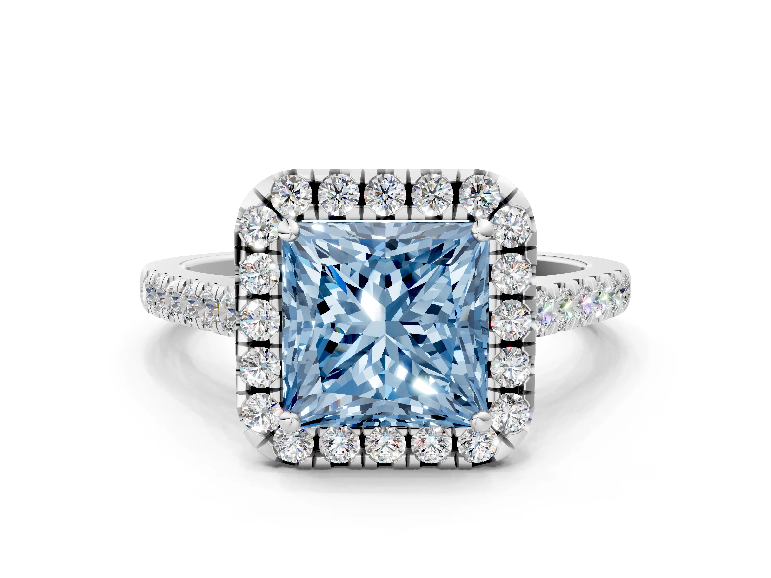 White gold Fancy Blue Princess Cut Halo Pave Diamond Engagement Ring with Four-Prong Setting