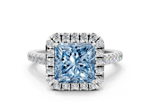White gold Fancy Blue Princess Cut Halo Pave Diamond Engagement Ring with Four-Prong Setting