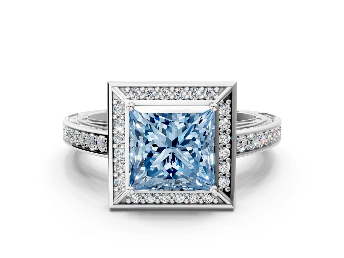 White gold Fancy Blue Princess  Cut Halo Pave Split Shank Prong Setting Ring_32