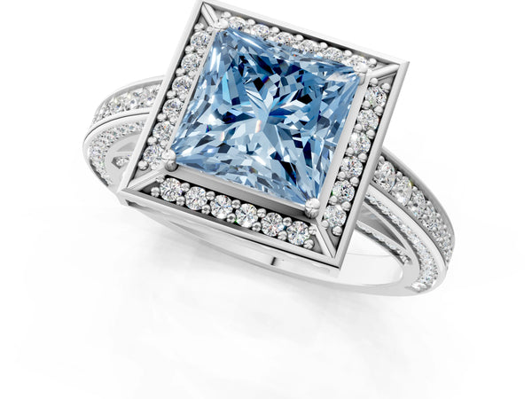 Platinum Fancy Blue Princess  Cut Halo Pave Split Shank Prong Setting Ring
