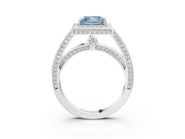 Platinum Fancy Blue Princess  Cut Halo Pave Split Shank Prong Setting Ring