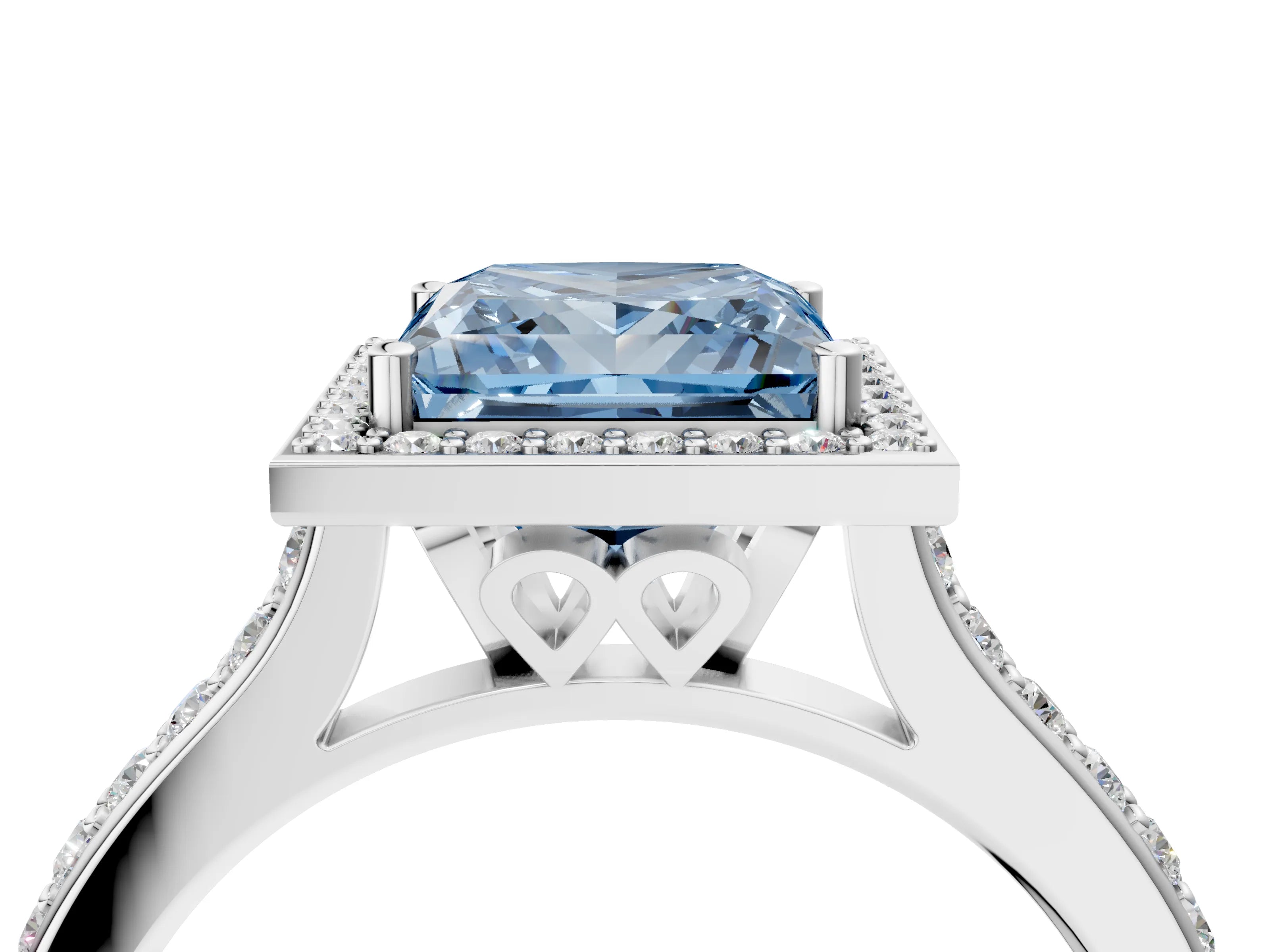White gold Fancy Blue Princess Cut Halo Round Diamond Pavé Band with Four-Prong Setting_19