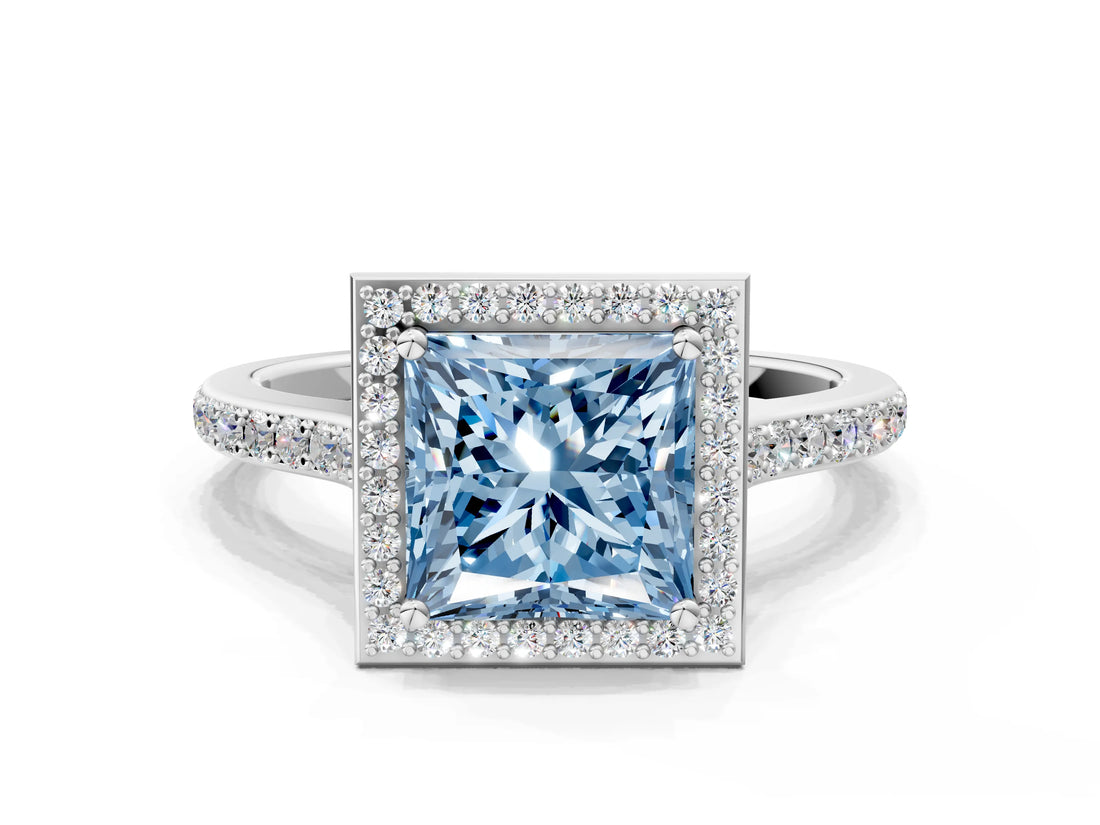 White gold Fancy Blue Princess Cut Halo Round Diamond Pavé Band with Four-Prong Setting_21