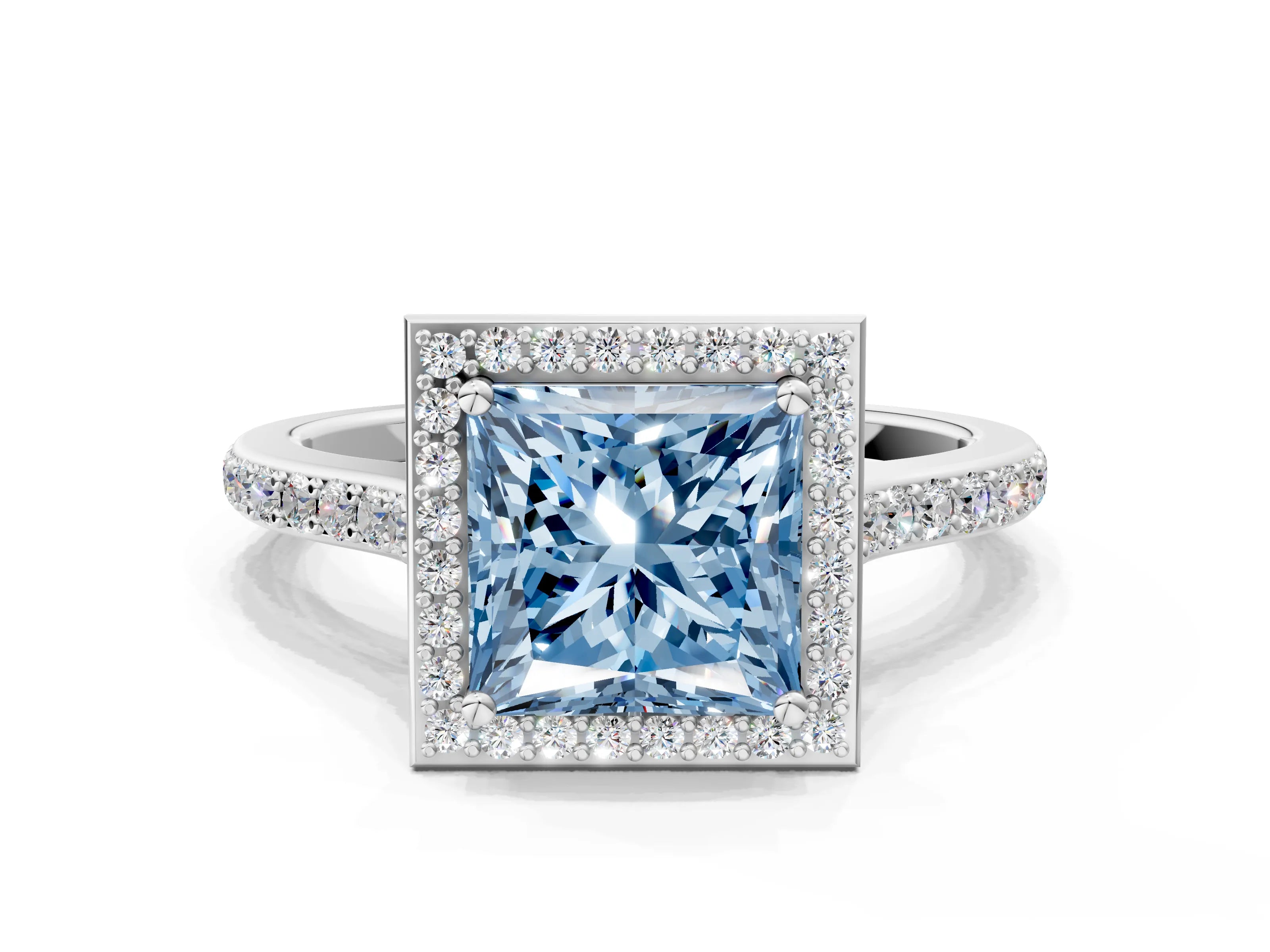 White gold Fancy Blue Princess Cut Halo Round Diamond Pavé Band with Four-Prong Setting_27