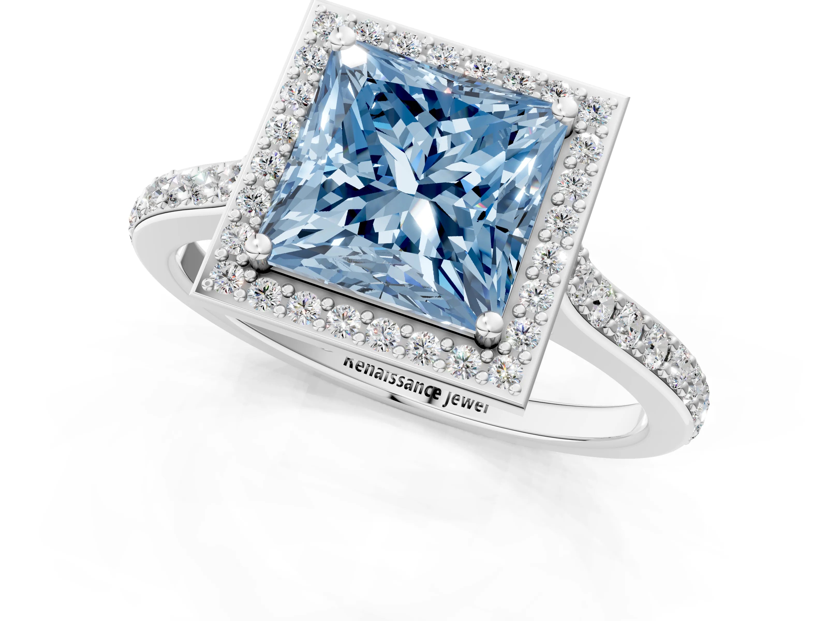White gold Fancy Blue Princess Cut Halo Round Diamond Pavé Band with Four-Prong Setting_27