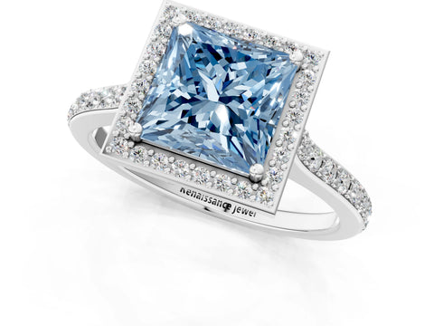 White gold Fancy Blue Princess Cut Halo Round Diamond Pavé Band with Four-Prong Setting_28