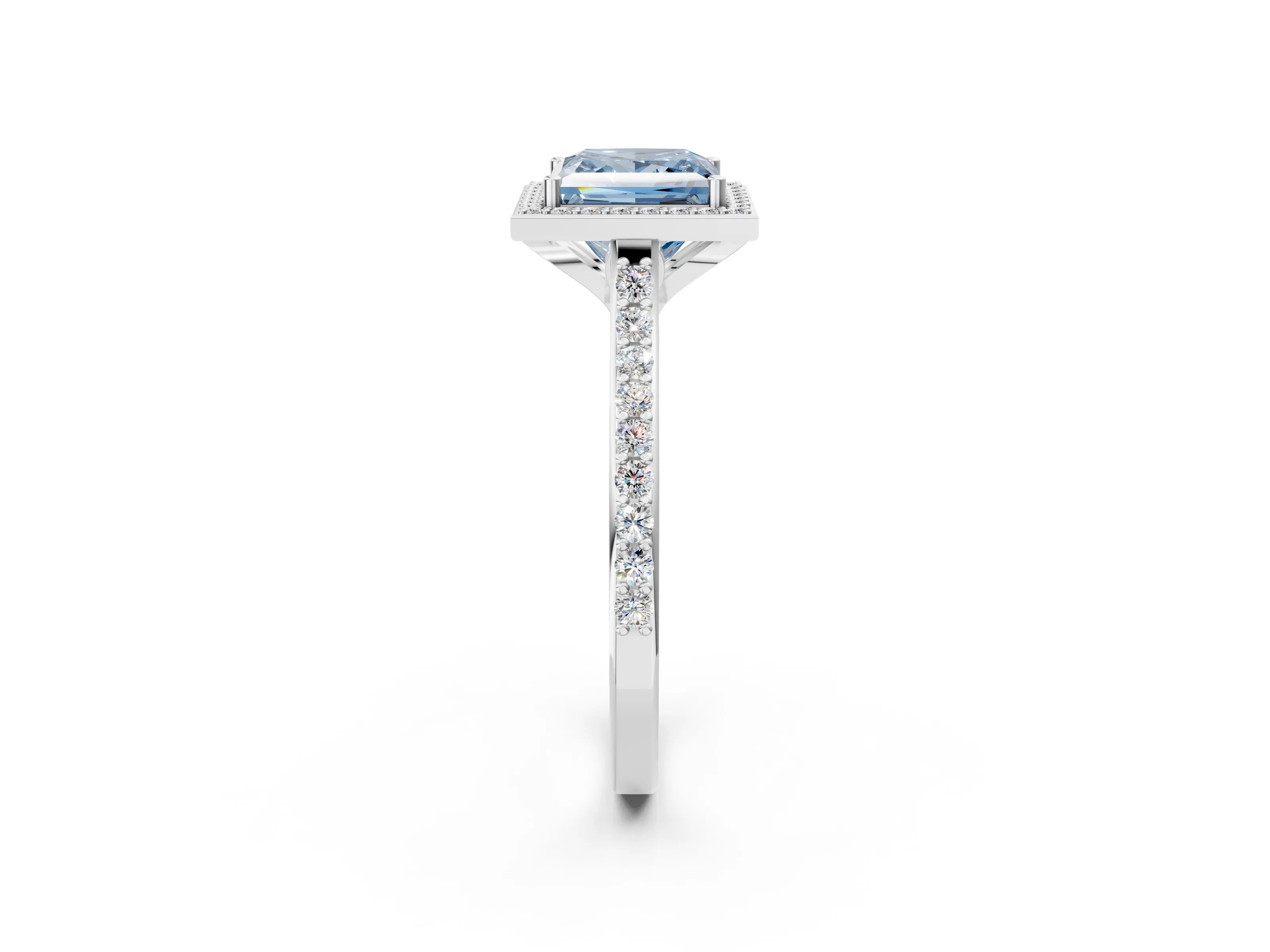 White gold Fancy Blue Princess Cut Halo Round Diamond Pavé Band with Four-Prong Setting_29