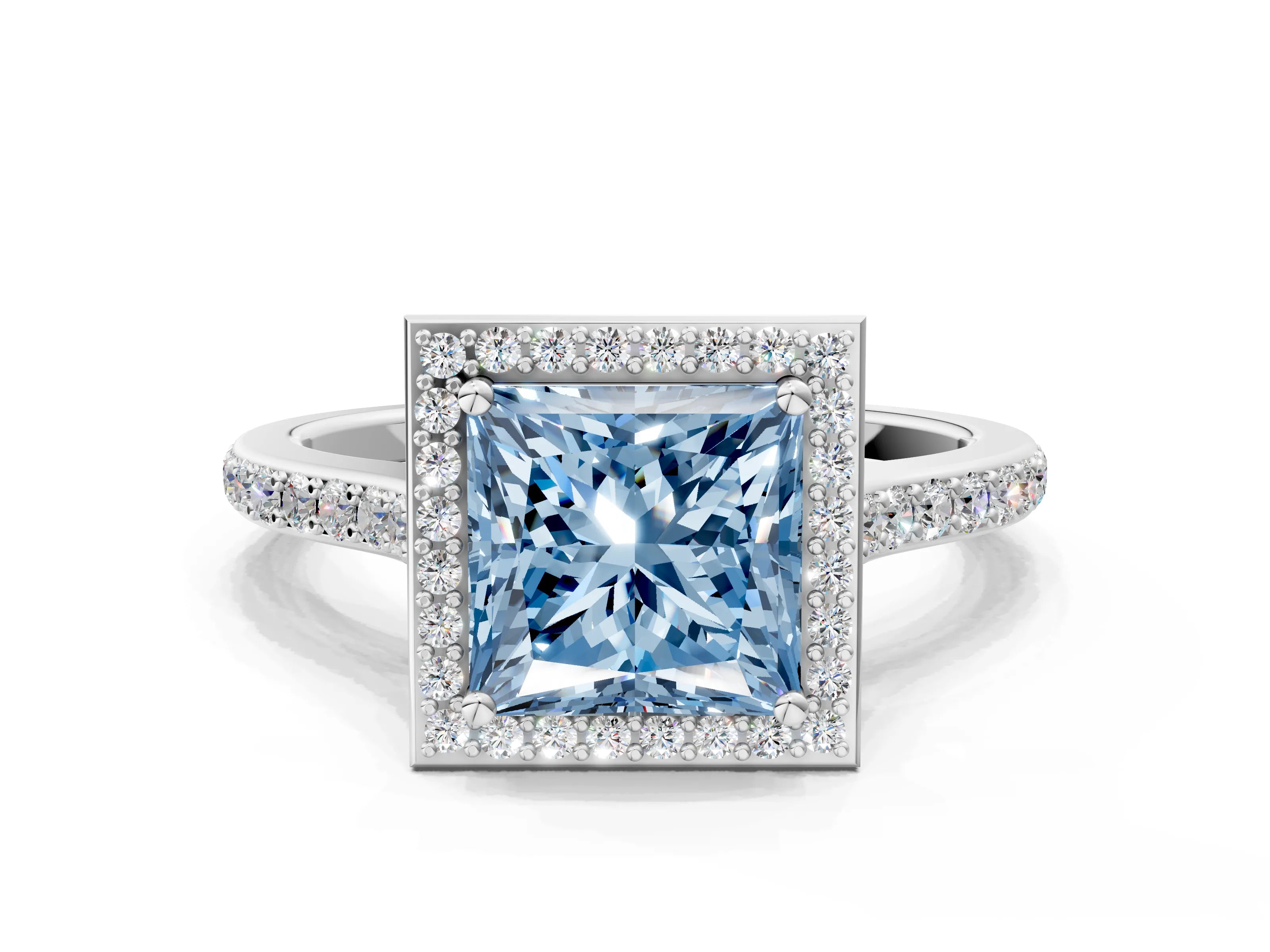 White gold Fancy Blue Princess Cut Halo Round Diamond Pavé Band with Four-Prong Setting_39