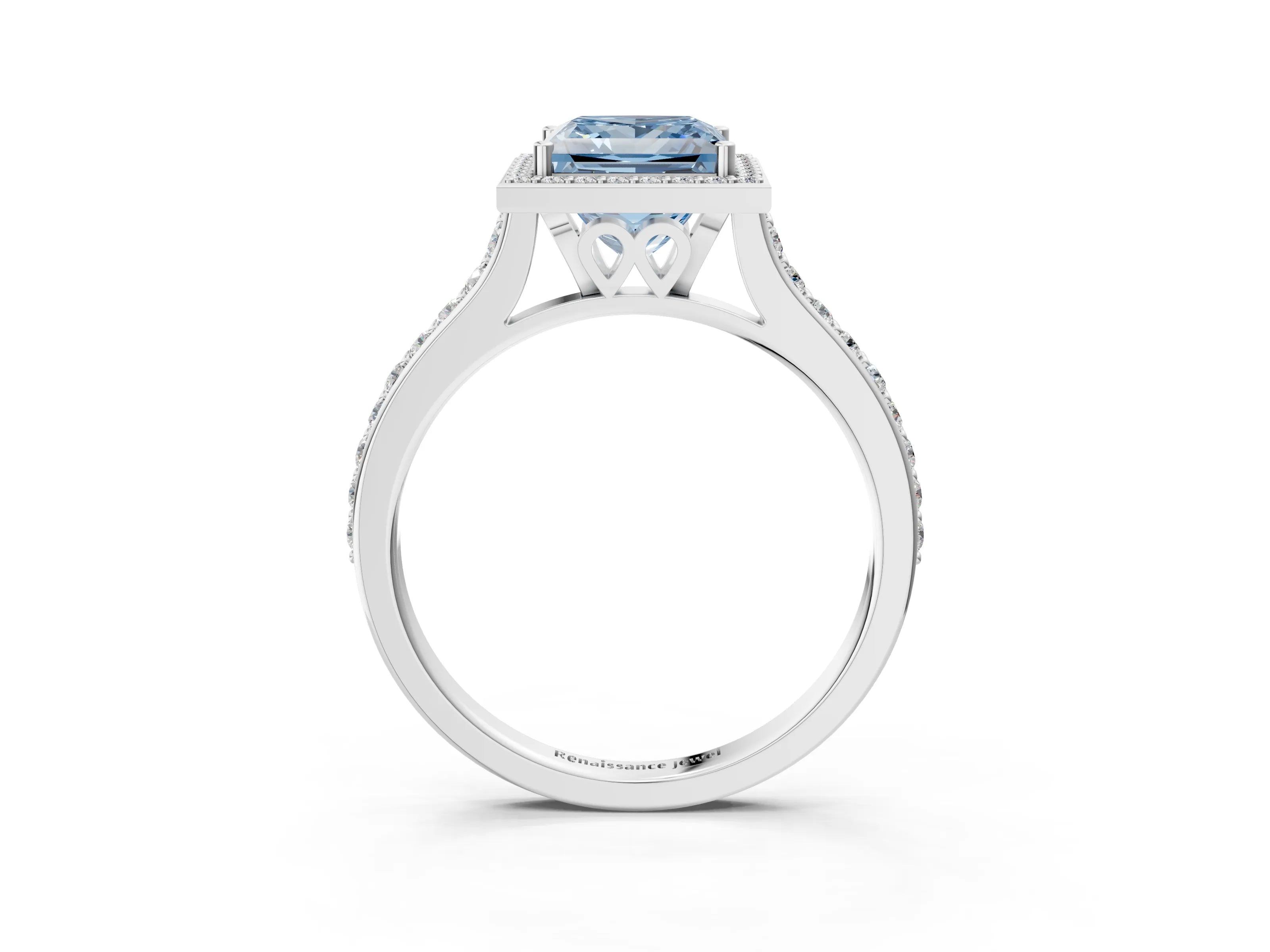 White gold Fancy Blue Princess Cut Halo Round Diamond Pavé Band with Four-Prong Setting_42
