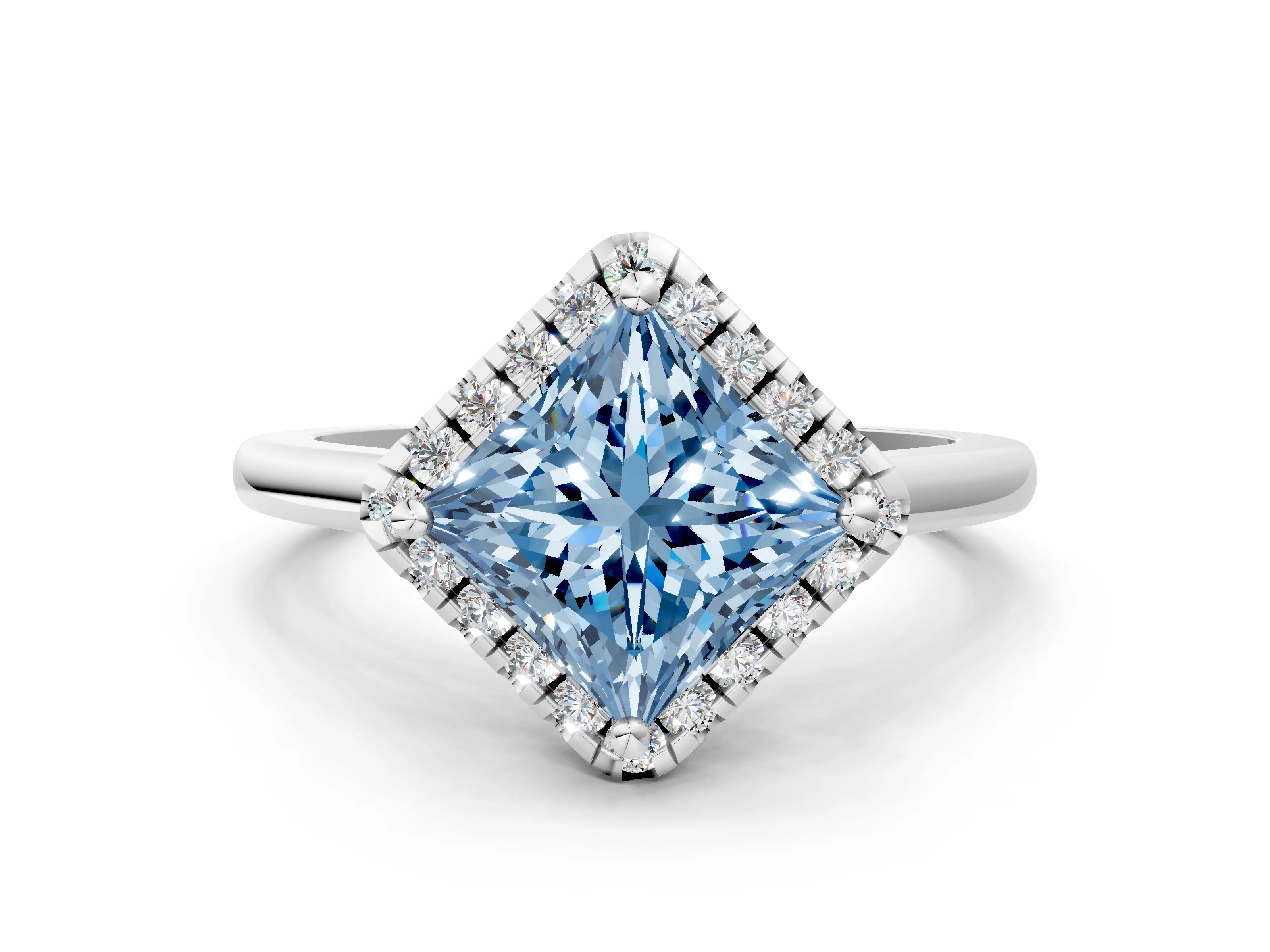 White gold Fancy Blue Princess Cut Halo Round Diamond Solitaire Engagement Ring with Pave Band and Four-Prong Setting_24