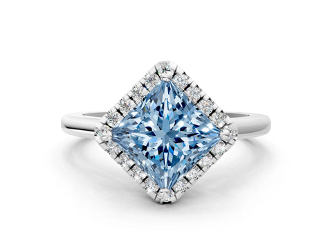White gold Fancy Blue Princess Cut Halo Round Diamond Solitaire Engagement Ring with Pave Band and Four-Prong Setting_24