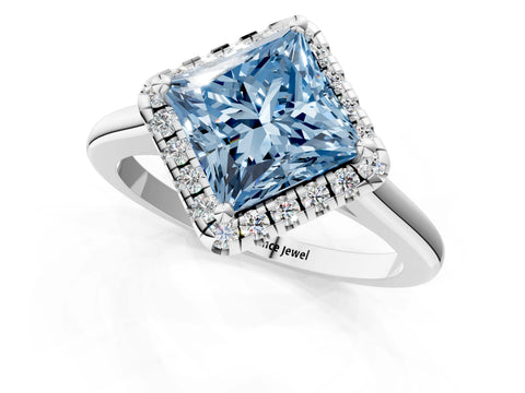 White gold Fancy Blue Princess Cut Halo Round Diamond Solitaire Engagement Ring with Pave Band and Four-Prong Setting_25