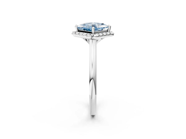 Platinum Fancy Blue Princess Cut Halo Round Diamond Solitaire Engagement Ring with Pave Band and Four-Prong Setting