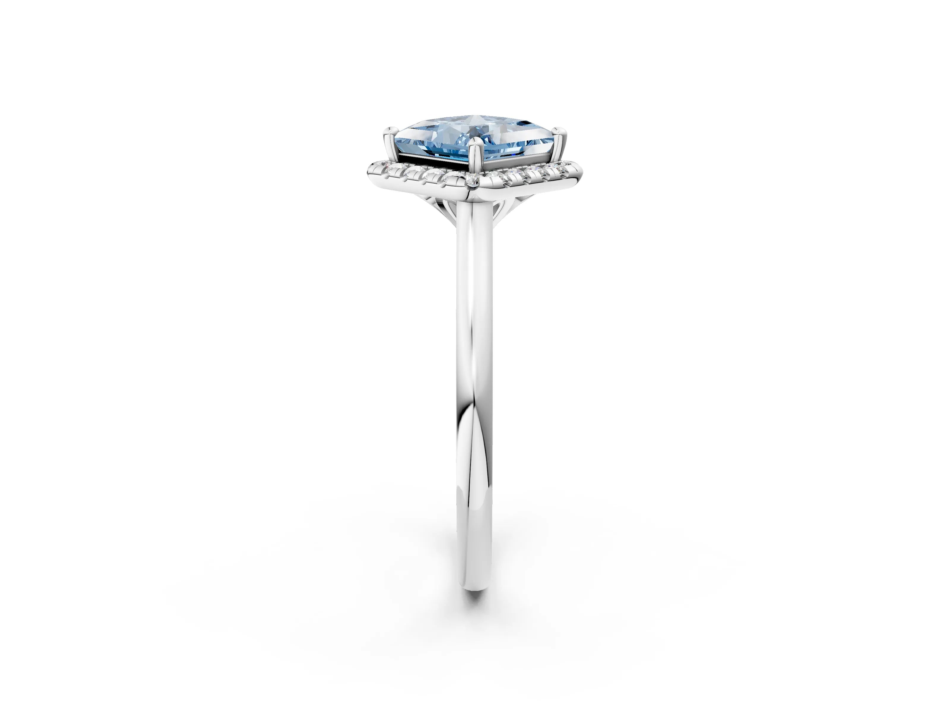 White gold Fancy Blue Princess Cut Halo Round Diamond Solitaire Engagement Ring with Pave Band and Four-Prong Setting_26