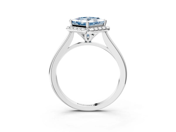 Platinum Fancy Blue Princess Cut Halo Round Diamond Solitaire Engagement Ring with Pave Band and Four-Prong Setting