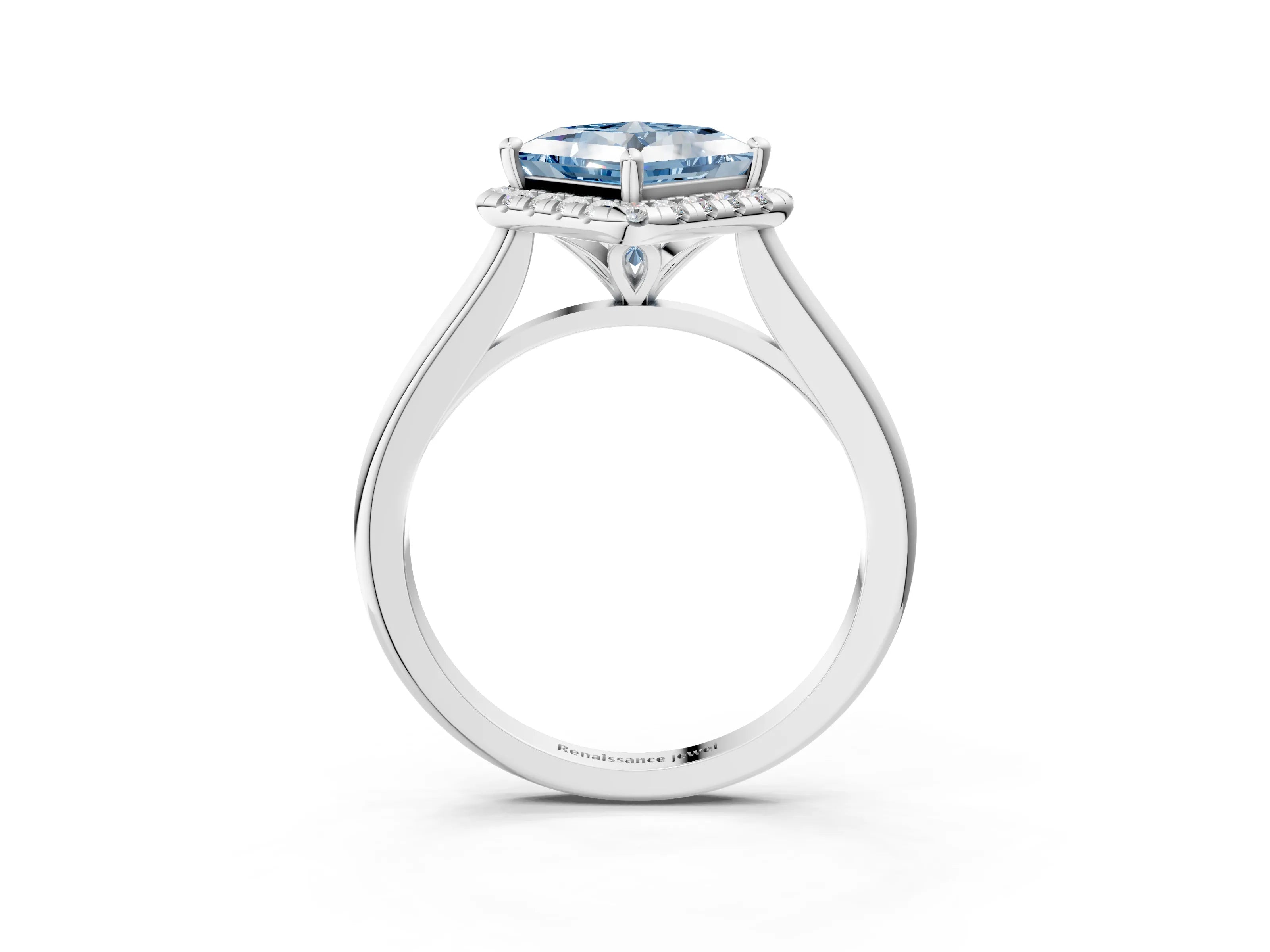 White gold Fancy Blue Princess Cut Halo Round Diamond Solitaire Engagement Ring with Pave Band and Four-Prong Setting_27