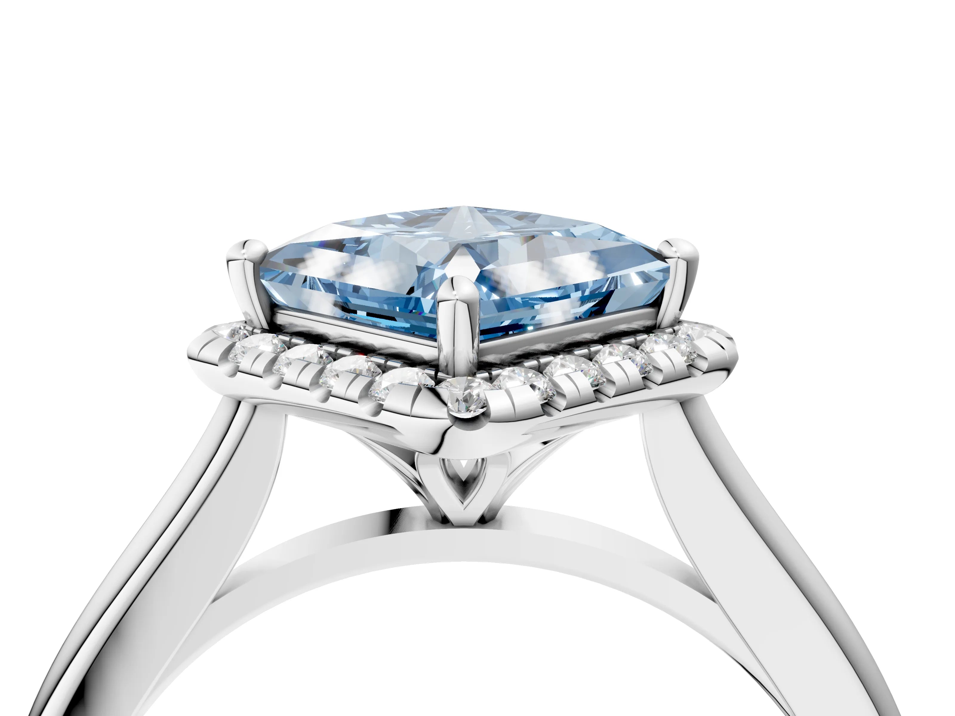 White gold Fancy Blue Princess Cut Halo Round Diamond Solitaire Engagement Ring with Pave Band and Four-Prong Setting_28