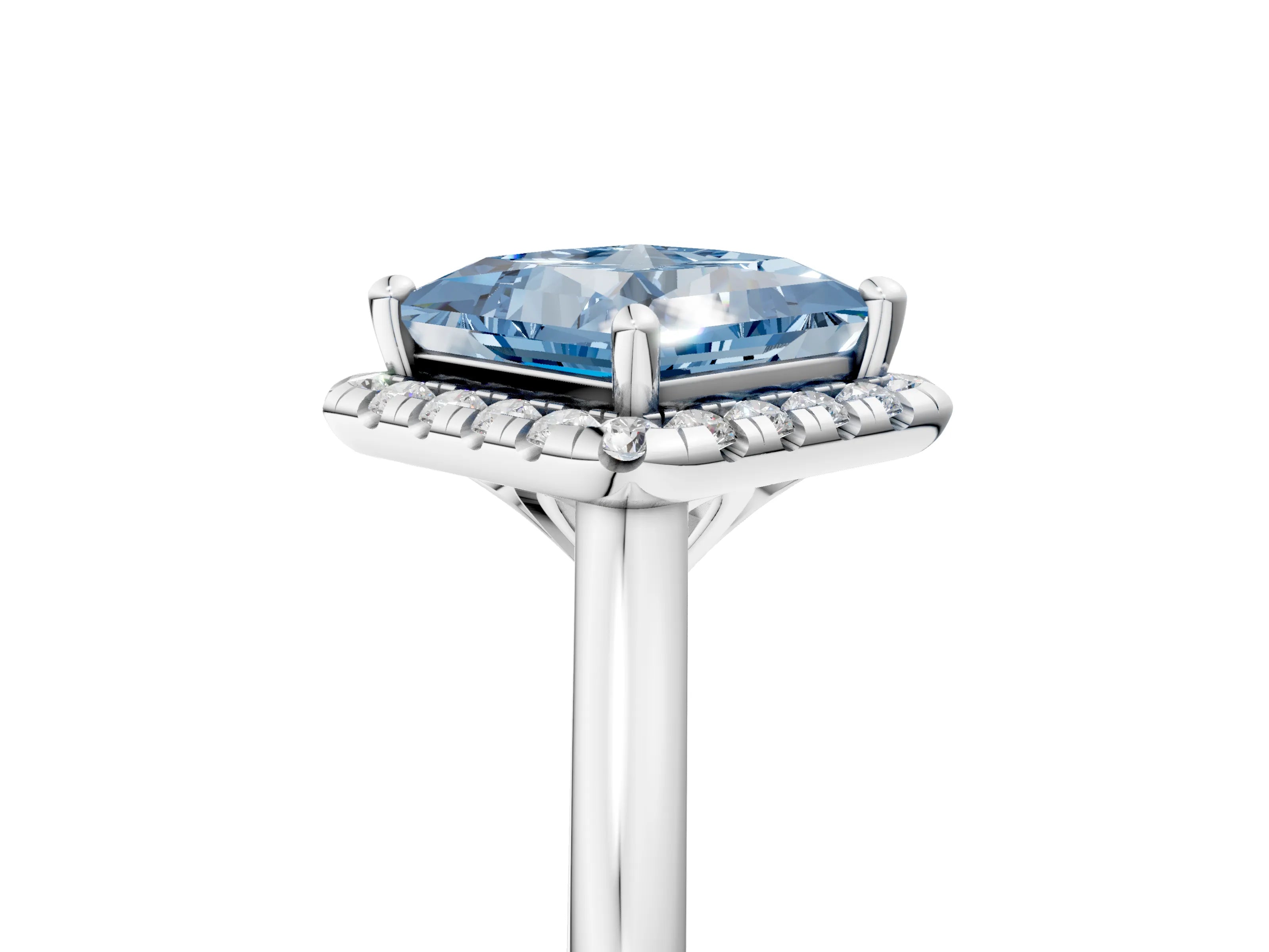 White gold Fancy Blue Princess Cut Halo Round Diamond Solitaire Engagement Ring with Pave Band and Four-Prong Setting_29