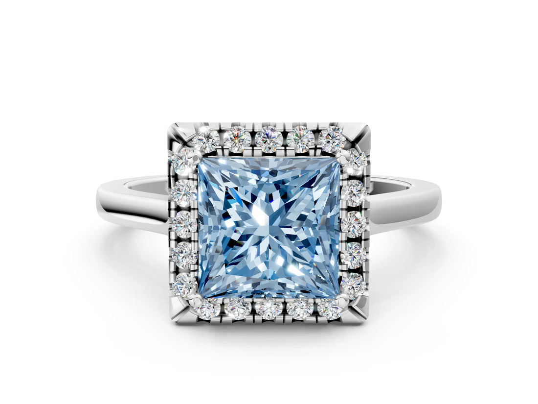 White gold Fancy Blue Princess Cut Halo Round Diamond Solitaire Ring with Pavé Band and Four-Prong Setting_12