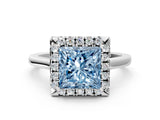 White gold Fancy Blue Princess Cut Halo Round Diamond Solitaire Ring with Pavé Band and Four-Prong Setting_12