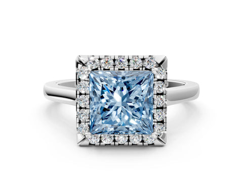 White gold Fancy Blue Princess Cut Halo Round Diamond Solitaire Ring with Pavé Band and Four-Prong Setting_12
