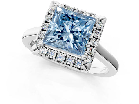 White gold Fancy Blue Princess Cut Halo Round Diamond Solitaire Ring with Pavé Band and Four-Prong Setting_13