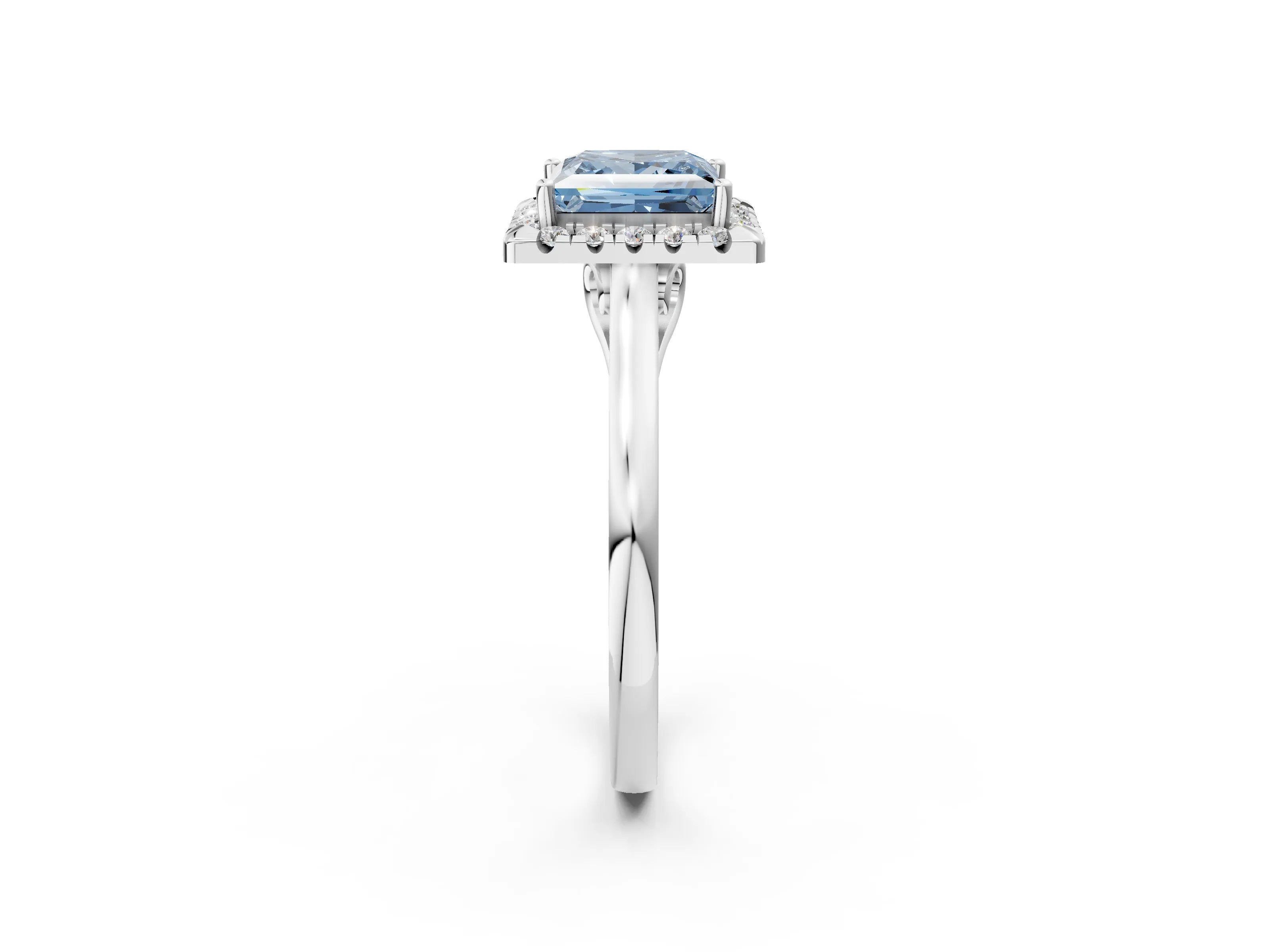 White gold Fancy Blue Princess Cut Halo Round Diamond Solitaire Ring with Pavé Band and Four-Prong Setting_14